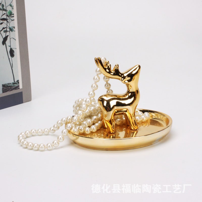 Nordic Electroplated Gold Ceramic Crafts Gift Jewelry Disc Ring Watch Home Storage Plate Gold Deer Animal Ornaments - Image 5