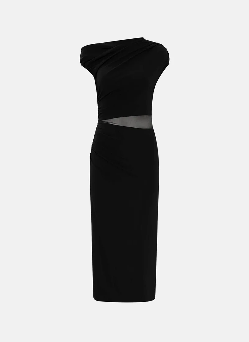 ليتشي فستان ميدي بكتف واحد مع شبكة عند الخصر