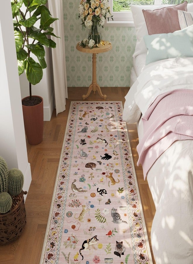 Rugcomf Runner Rug for Kitchen Non Slip 2'x6' Washable Rugs with Rubber Backing Soft Floral Animal Cat Carpet Runner for Kitchen Laundry Bedroom Bathroom, Pink - Image 3