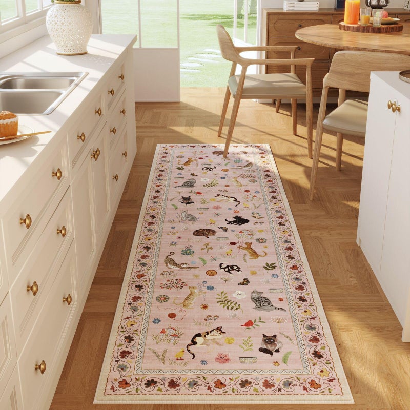 Rugcomf Runner Rug for Kitchen Non Slip 2'x6' Washable Rugs with Rubber Backing Soft Floral Animal Cat Carpet Runner for Kitchen Laundry Bedroom Bathroom, Pink - Image 1