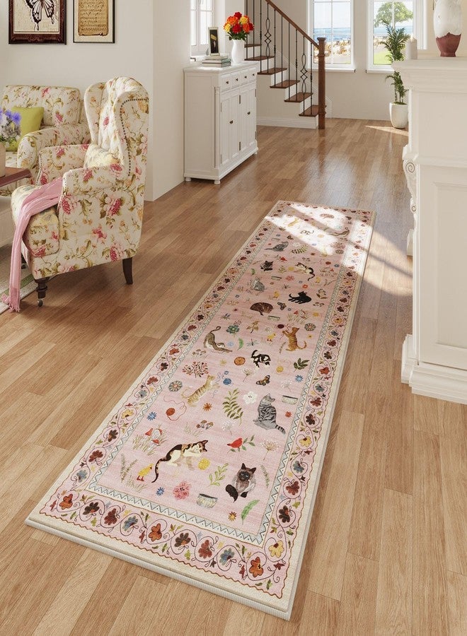 Rugcomf Runner Rug for Kitchen Non Slip 2'x6' Washable Rugs with Rubber Backing Soft Floral Animal Cat Carpet Runner for Kitchen Laundry Bedroom Bathroom, Pink - Image 2