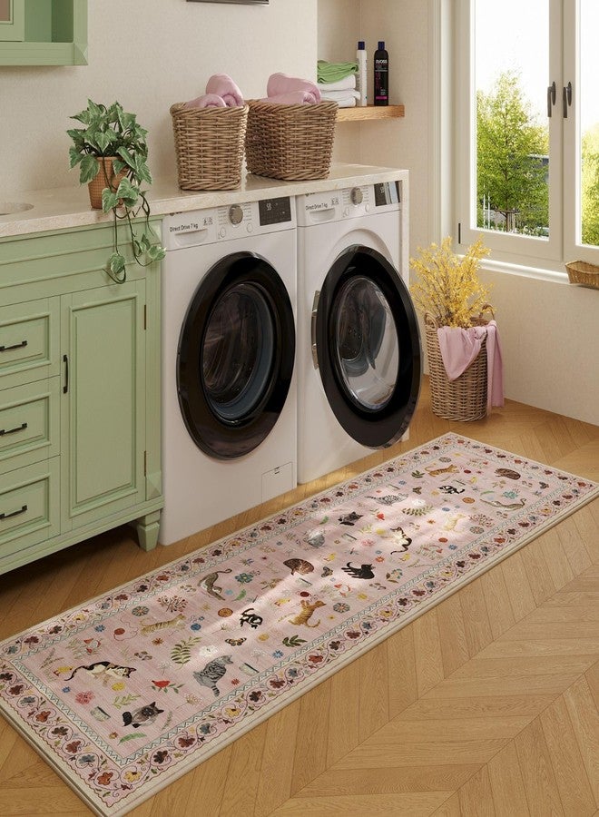 Rugcomf Runner Rug for Kitchen Non Slip 2'x6' Washable Rugs with Rubber Backing Soft Floral Animal Cat Carpet Runner for Kitchen Laundry Bedroom Bathroom, Pink - Image 4
