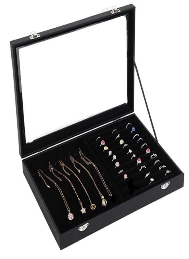 Ebonee Wooden Jewelry Organizer Tray Box with Clear Lid, Travel Rectangle Earring Necklace Organization Storage Box with Metal Clasp, Velvet Blank Jewelry Display Case for Bracelets Rings Accessories (Black) - Image 1