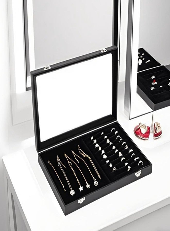 Ebonee Wooden Jewelry Organizer Tray Box with Clear Lid, Travel Rectangle Earring Necklace Organization Storage Box with Metal Clasp, Velvet Blank Jewelry Display Case for Bracelets Rings Accessories (Black) - Image 5