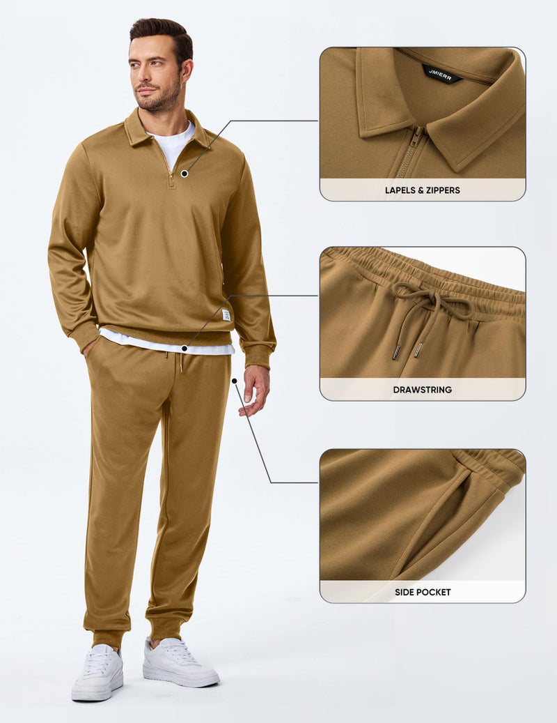 JMIERR Mens Outfits Track Suits 2 Piece Set Long Sleeve Quarter Zipper Polo Shirt& Joggers Sweatpants with Pockets, Fall Tracksuit Sweatsuits Matching Lounge Sets, Khaki, XL - Image 4
