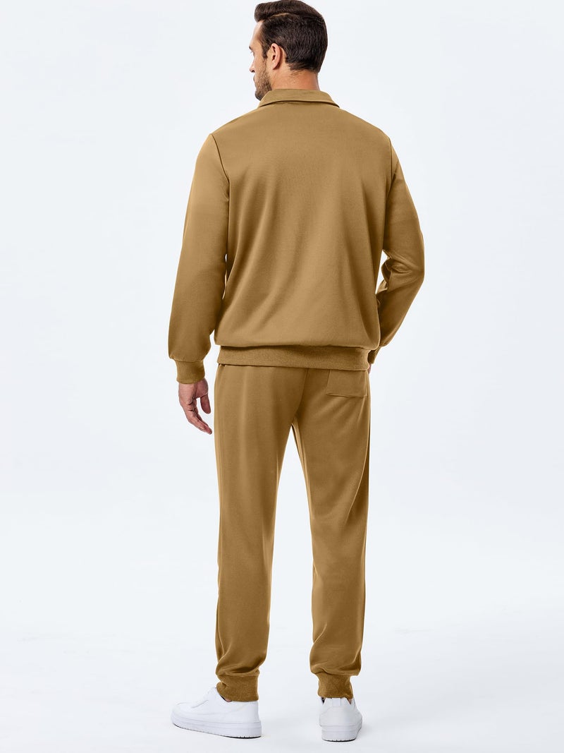 JMIERR Mens Outfits Track Suits 2 Piece Set Long Sleeve Quarter Zipper Polo Shirt& Joggers Sweatpants with Pockets, Fall Tracksuit Sweatsuits Matching Lounge Sets, Khaki, XL - Image 5