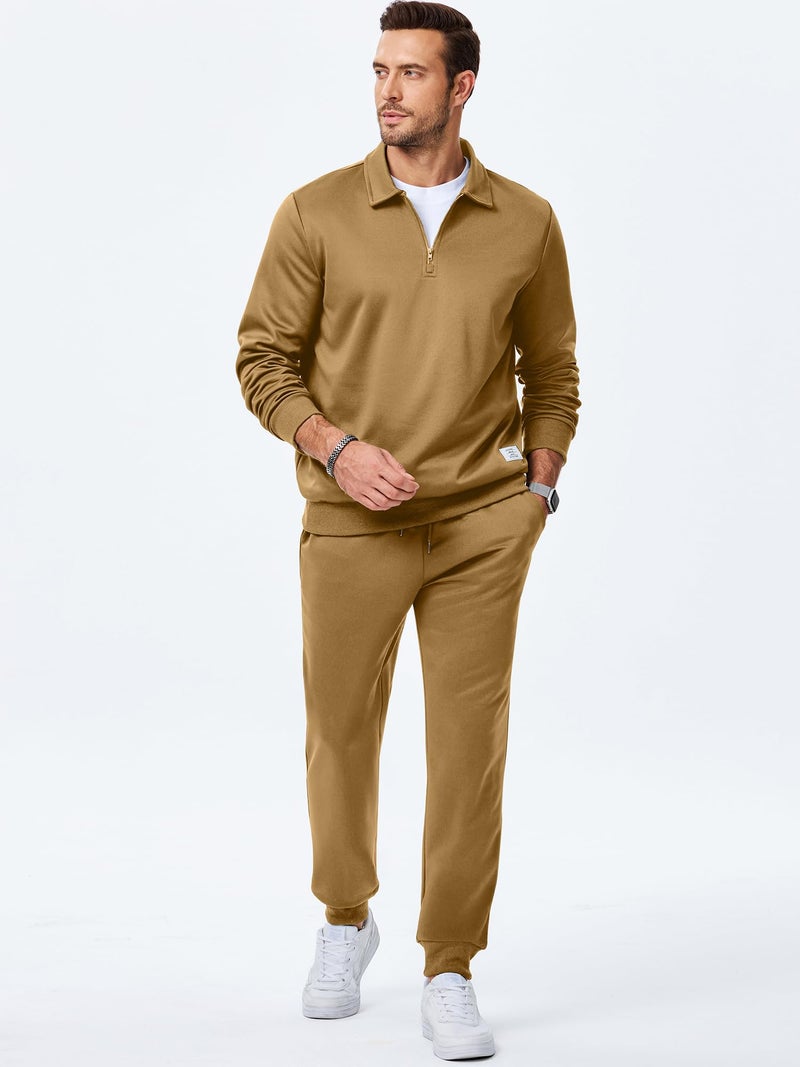 JMIERR Mens Outfits Track Suits 2 Piece Set Long Sleeve Quarter Zipper Polo Shirt& Joggers Sweatpants with Pockets, Fall Tracksuit Sweatsuits Matching Lounge Sets, Khaki, XL - Image 3