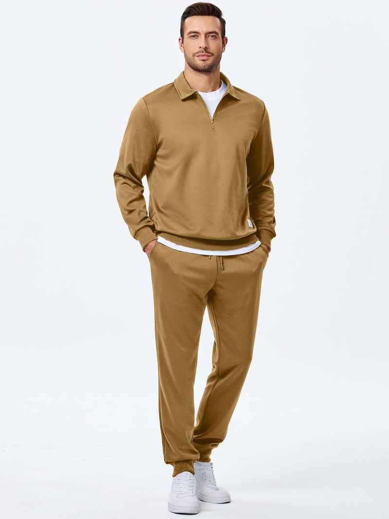 JMIERR Mens Outfits Track Suits 2 Piece Set Long Sleeve Quarter Zipper Polo Shirt& Joggers Sweatpants with Pockets, Fall Tracksuit Sweatsuits Matching Lounge Sets, Khaki, XL - Image 2
