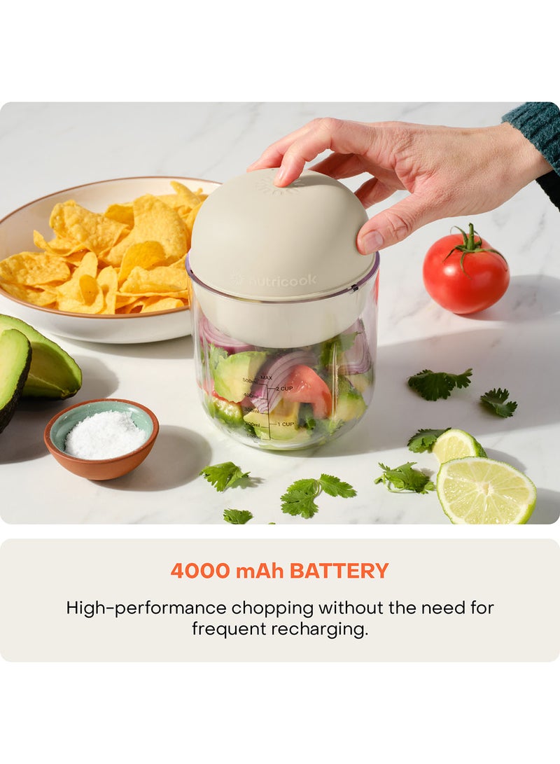 nutricook Choppi Cordless Rechargeable Chopper, Pulse And Steady Modes, BPA Free Tritan Cup, 4000 mAh Battery, SS 304 Quad Blade, Designed In California 500 ml 220 W CH600S-ME Desert Sand - Image 2