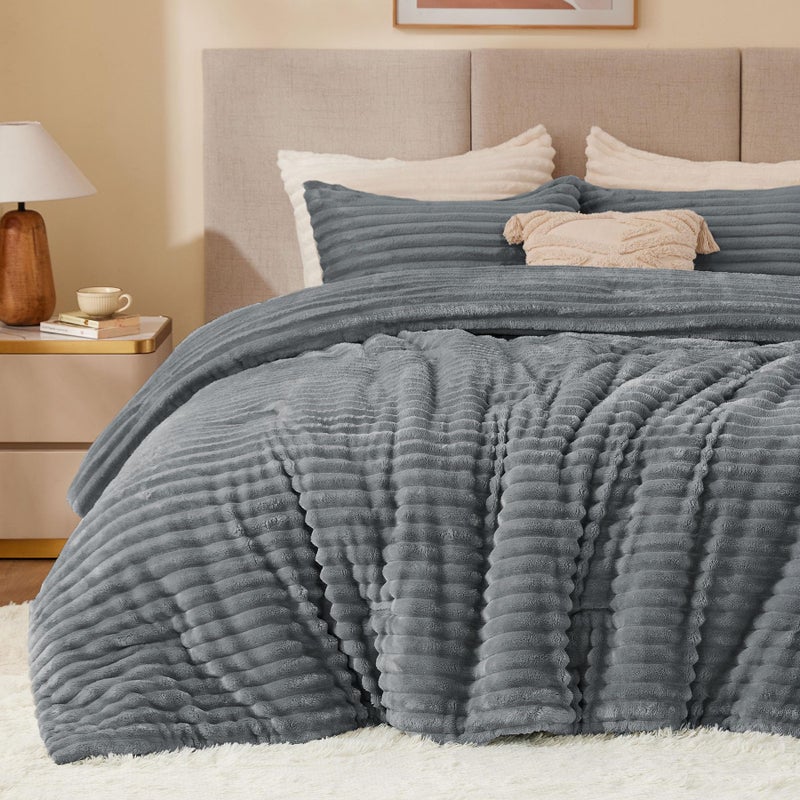 BEDELITE Fleece Queen Comforter Set Super Soft  Warm Fluffy Grey Bedding Luxury Fuzzy Heavy Bed Set for Winter with 2 Pillow Cases