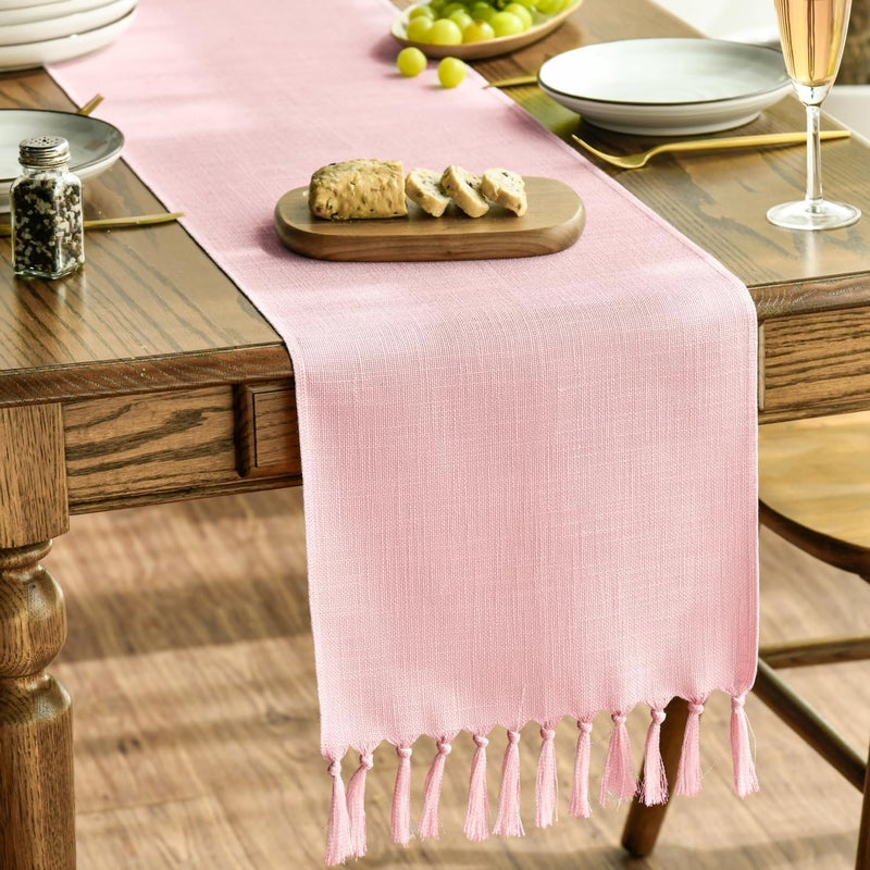 Artoid Mode Blush Pink Tassel Table Runner, Linen Blend Rustic Farmhouse Style Kitchen Table Decoration Holiday Wedding Party Dinning Decor 13x72 Inch - Image 1