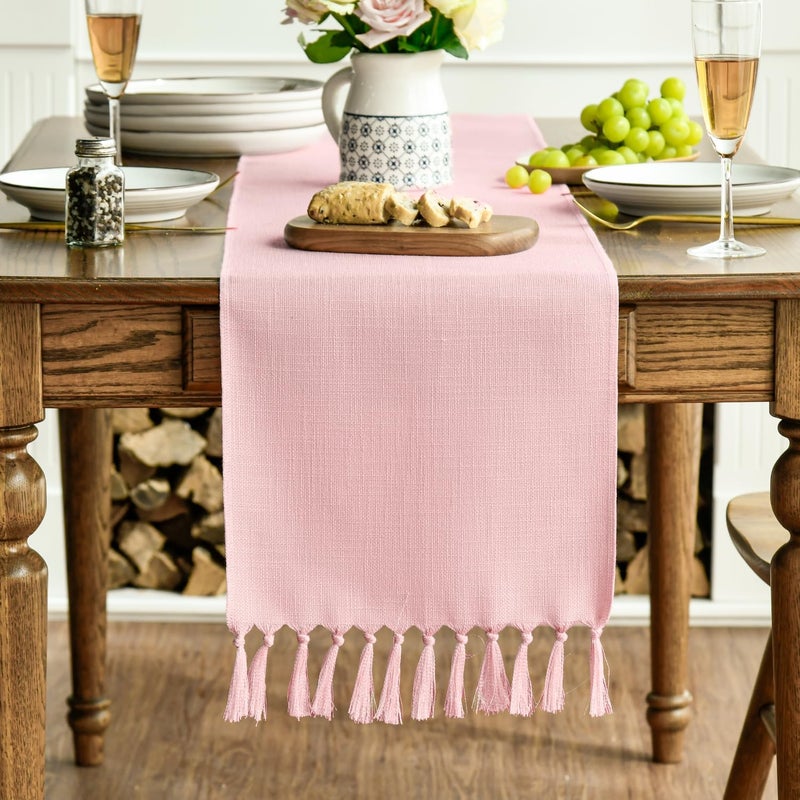 Artoid Mode Blush Pink Tassel Table Runner, Linen Blend Rustic Farmhouse Style Kitchen Table Decoration Holiday Wedding Party Dinning Decor 13x72 Inch - Image 2