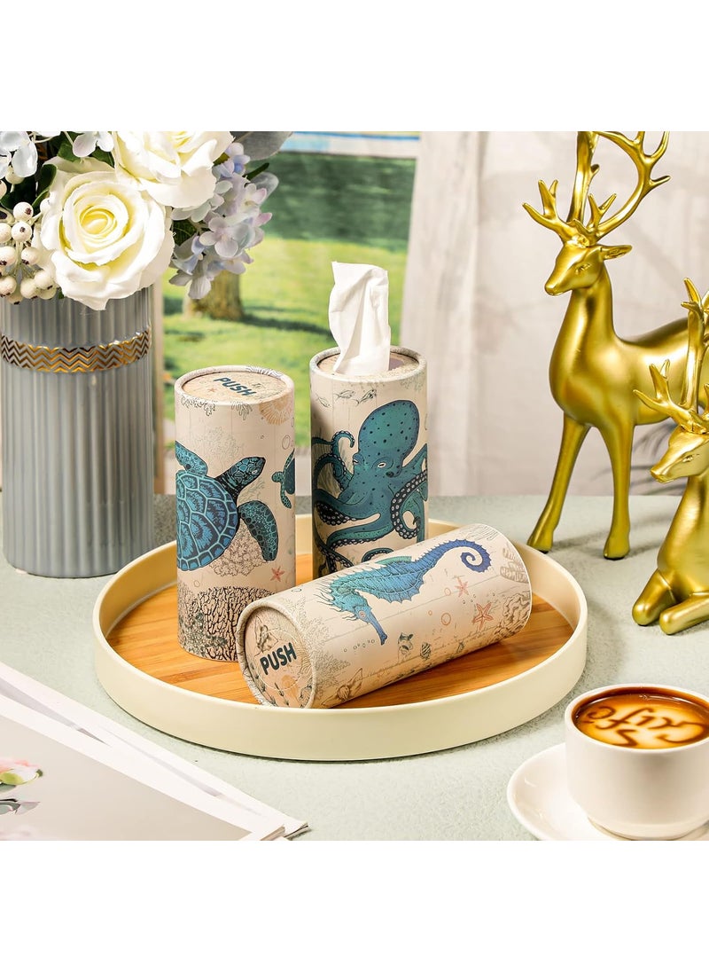 Rtteri Rtteri 8 Pack Car Tissue Holder with Facial Tissue Bulk Vintage Sea Animal Canvas Printed Cylinder Boxes for Car Cup Holder Refill Home Office Round Container  - Image 4