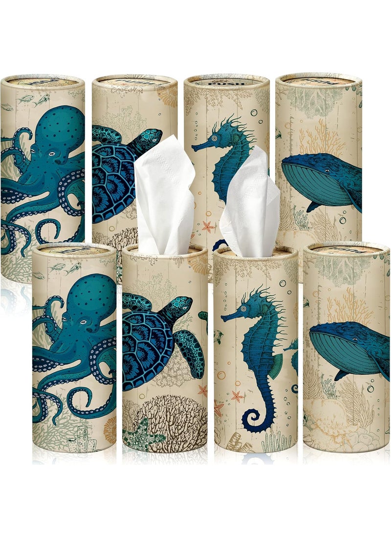 Rtteri Rtteri 8 Pack Car Tissue Holder with Facial Tissue Bulk Vintage Sea Animal Canvas Printed Cylinder Boxes for Car Cup Holder Refill Home Office Round Container  - Image 1