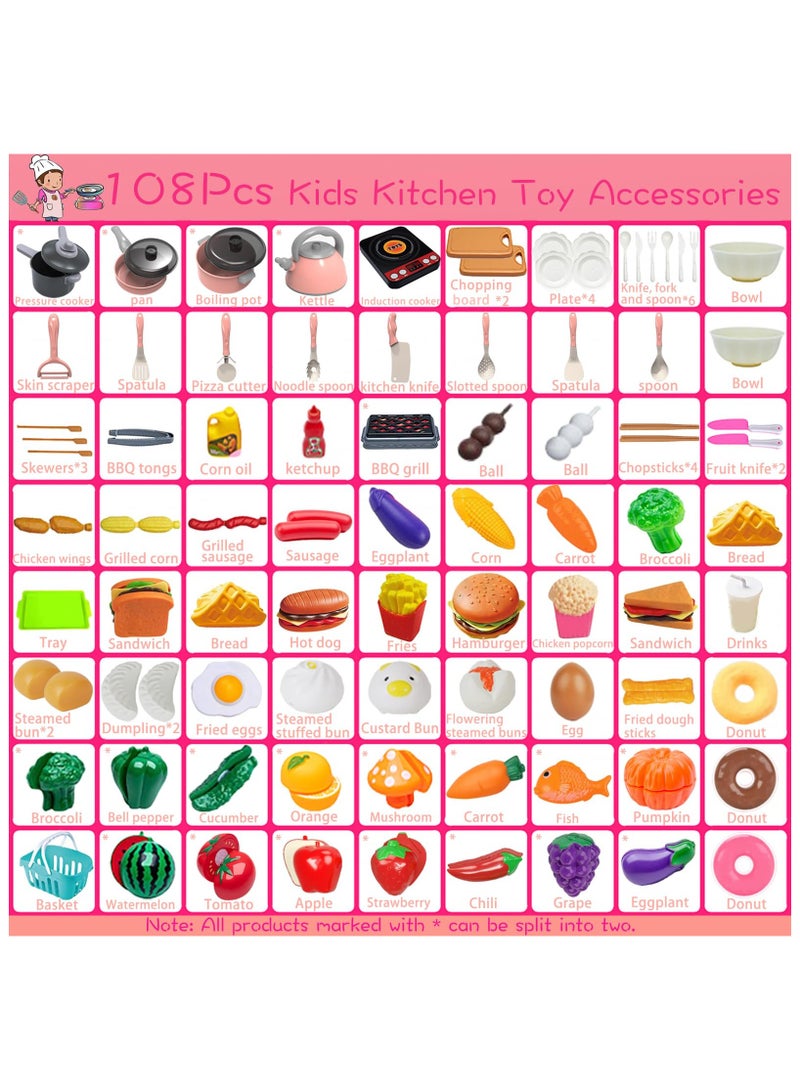 XiuWoo 108Pcs Kids Kitchen Toy Accessories, Toddler Pretend BBQ Camping Cooking Playset, Utensils Cookware Toys, Play Food Set, Toy Vegetables, Learning Gift for Girls Boys - Image 3