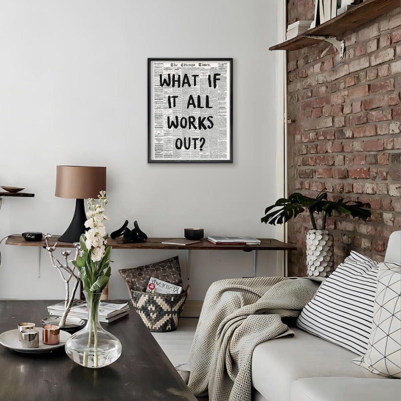 KBKBART Framed Canvas Wall Art What If It All Works Out, 12x16 inch Black and White Newspaper Aesthetic Poster, Positive Affirmations Quote Prints for Bedroom Wall Decor - Image 2