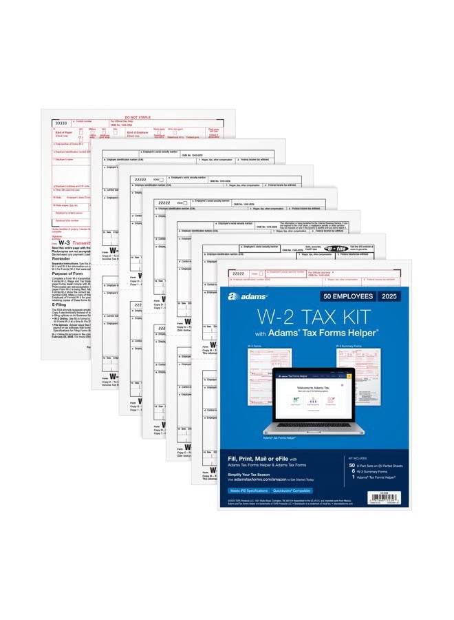 ADAMS 2025 W-2 Tax Forms Kit, 6-Part for 50 Employees/Recipients, Inkjet/Laser Printer Compatible, Includes 6 W-3 Forms, Access to Adams Tax Forms Helper (1017239) - Image 1