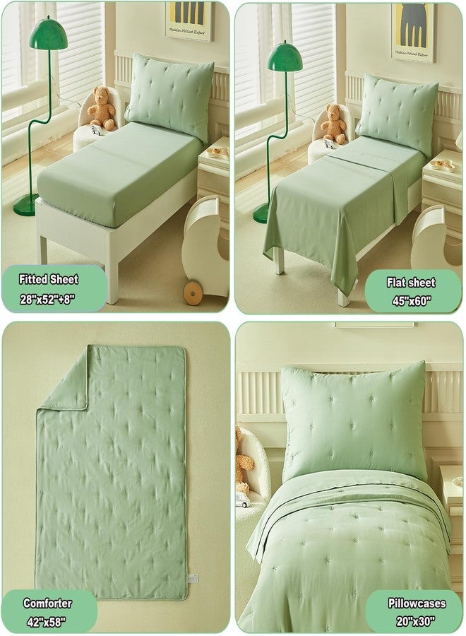 DuShow Green 4 Piece Toddler Bedding Set for Boys Girls,Embroidery Microfiber Crib Bed Sheets Set Soft Boho Comforter Set Bed in a Bag,Include Quilted Comforter,Flat Sheet,Fitted Sheet,Pillowcase - Image 4