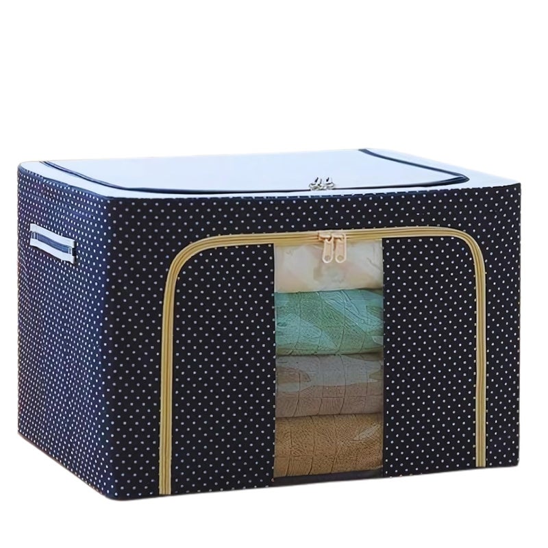 Generic Foldable Storage Box with Steel Frame 66L Oxford Fabric Polka Dot Pattern Clear Window Navy Blue