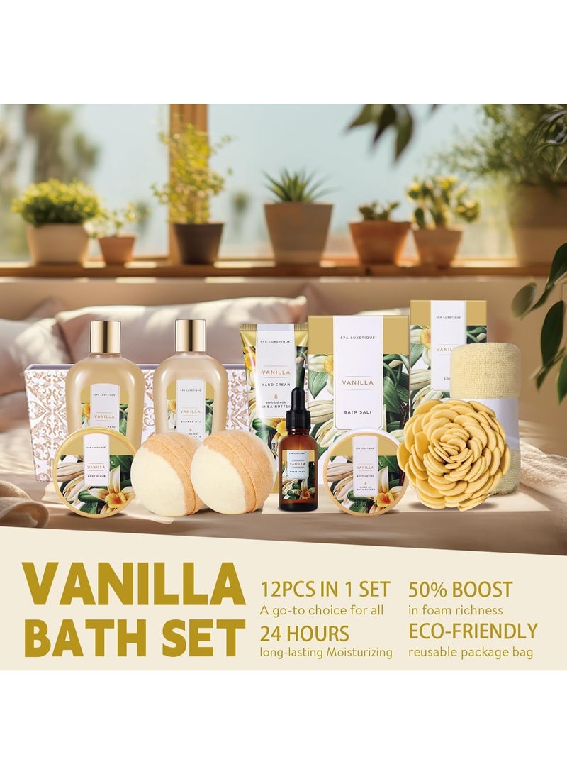 spa luxetique Spa Gift Baskets for Women, Spa Luxetique Spa Gifts for Women, Birthday Gifts for Women, 12pc Vanilla Bath Gift Set, Self Care Gifts for Women, Spa Kit for Women, Gifts for Women - Image 3