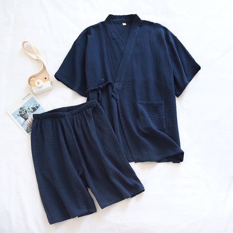 Japanese Style Couple Pajamas Thin Summer Pure Cotton Gauze Crepe Short-Sleeved Kimono Men's and Women's Home Clothes Cotton Suit Thin - Image 1