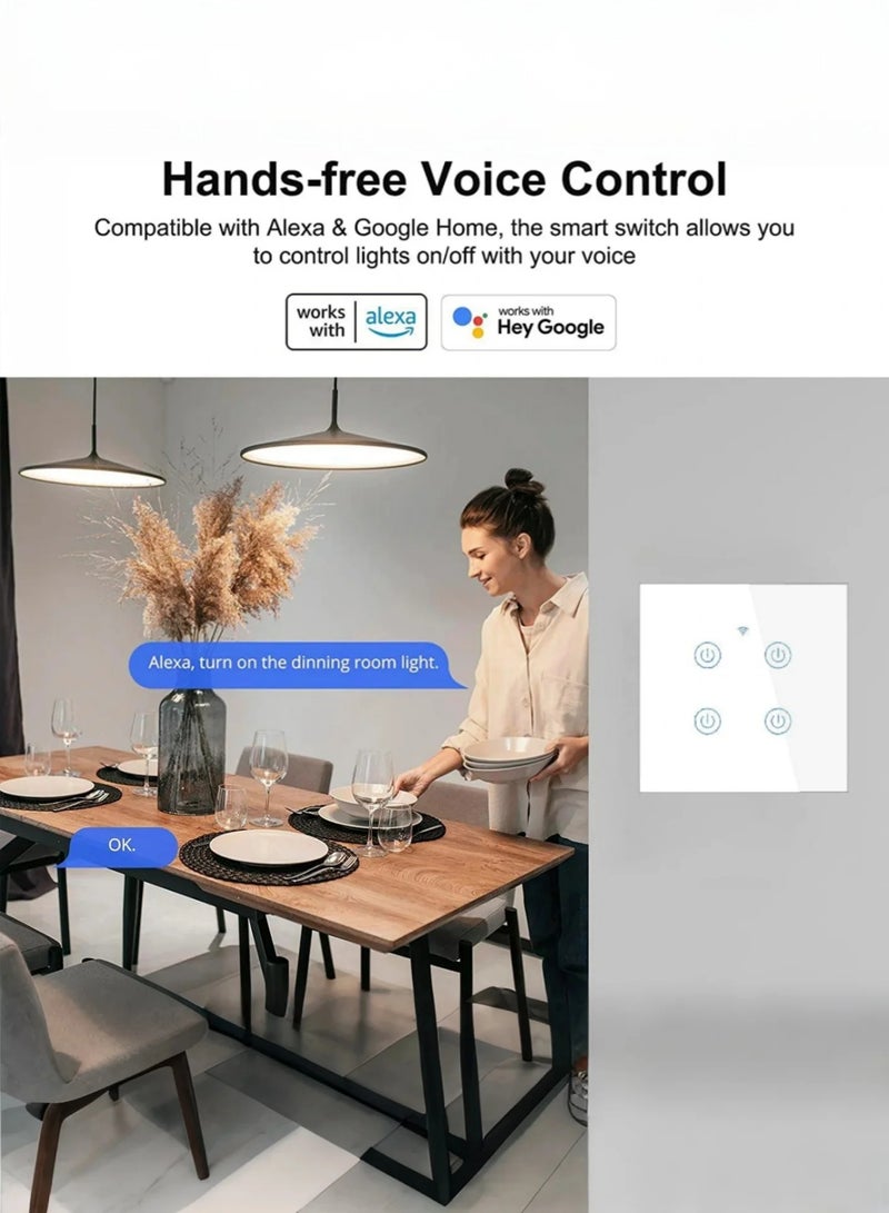 Jourvent Smart WiFi Touch Light Switch 4 Gang, No Neutral Wire Required & Neutral Wire Compatible, Works with Alexa, Google Home, Apple HomeKit (via CozyLife), eWeLink App Control, Timer & Share Function - Image 2