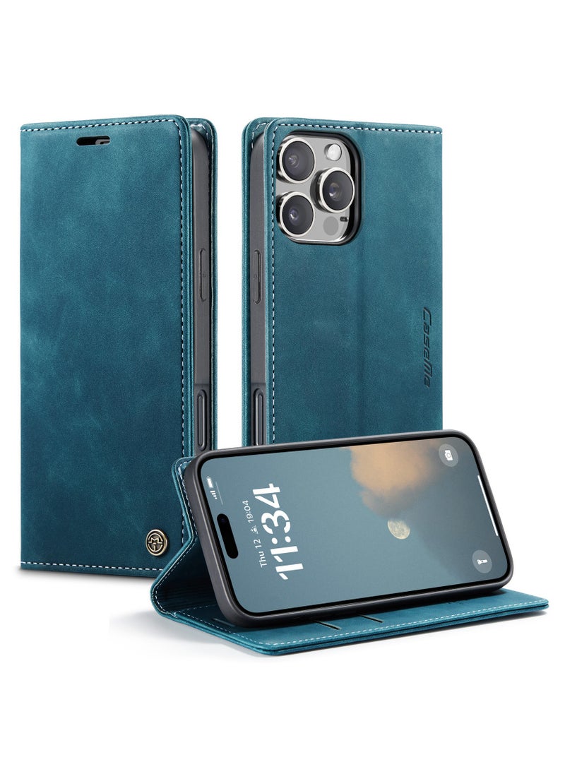 ICARLUS For iPhone 16 Pro Max Case Card Holder Stand Leather Phone Cover - Blue  - Image 1