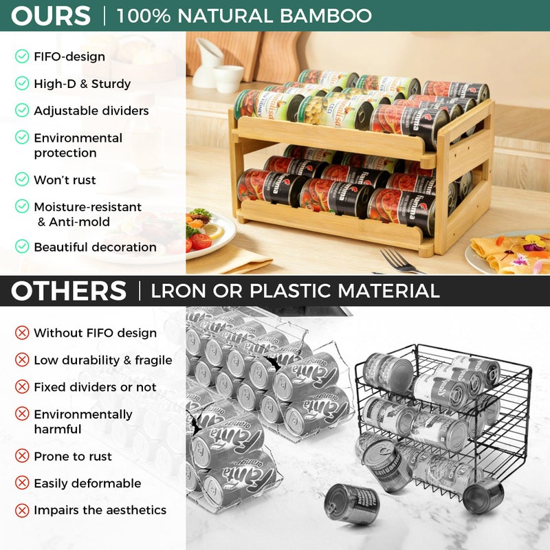 MinBoo Adjustable Can Organizer Rack, Two Tier Bamboo Stackable FIFO Cans Dispenser, Modern Style, Countertop, Assembly Required, Anti Shedding - Image 5