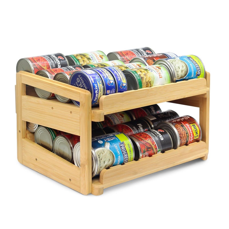 MinBoo Adjustable Can Organizer Rack, Two Tier Bamboo Stackable FIFO Cans Dispenser, Modern Style, Countertop, Assembly Required, Anti Shedding - Image 1