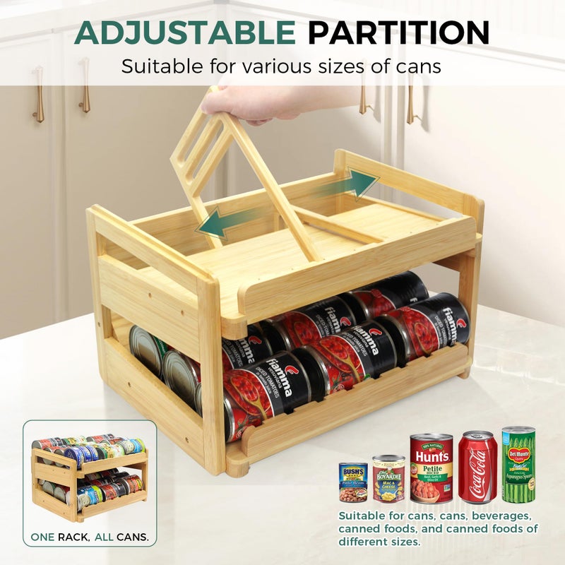 MinBoo Adjustable Can Organizer Rack, Two Tier Bamboo Stackable FIFO Cans Dispenser, Modern Style, Countertop, Assembly Required, Anti Shedding - Image 3