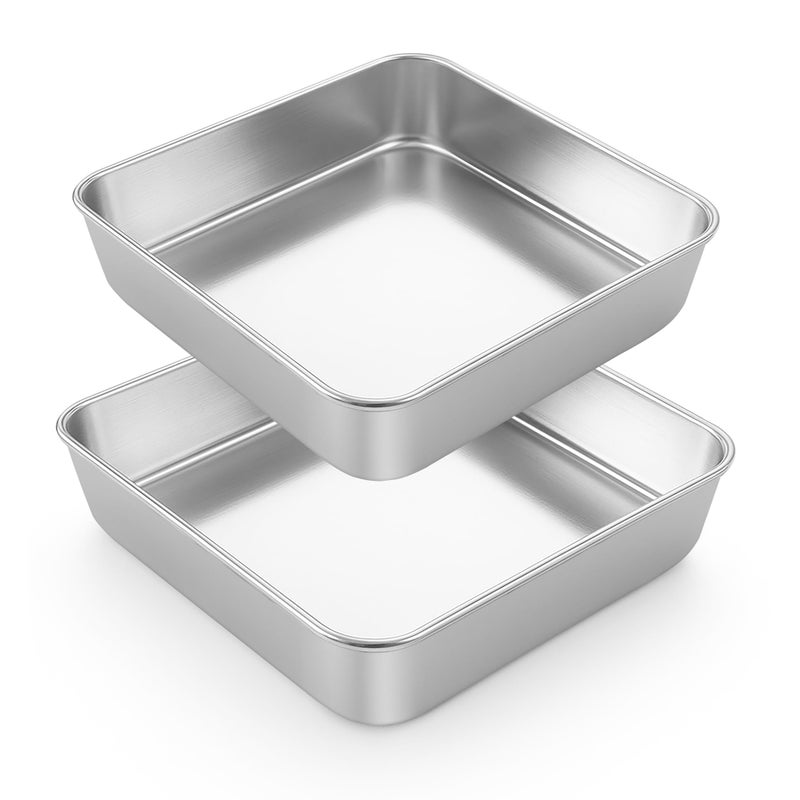 LIANYU 2 Pack 9 x 9 Inch Square Cake Pan Stainless Steel Baking Lasagna Brownie Bread Pan Square Bakeware for Birthday Party Wedding Oven Dishwasher Safe - Image 2