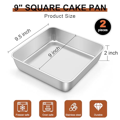 LIANYU 2 Pack 9 x 9 Inch Square Cake Pan Stainless Steel Baking Lasagna Brownie Bread Pan Square Bakeware for Birthday Party Wedding Oven Dishwasher Safe - Image 3