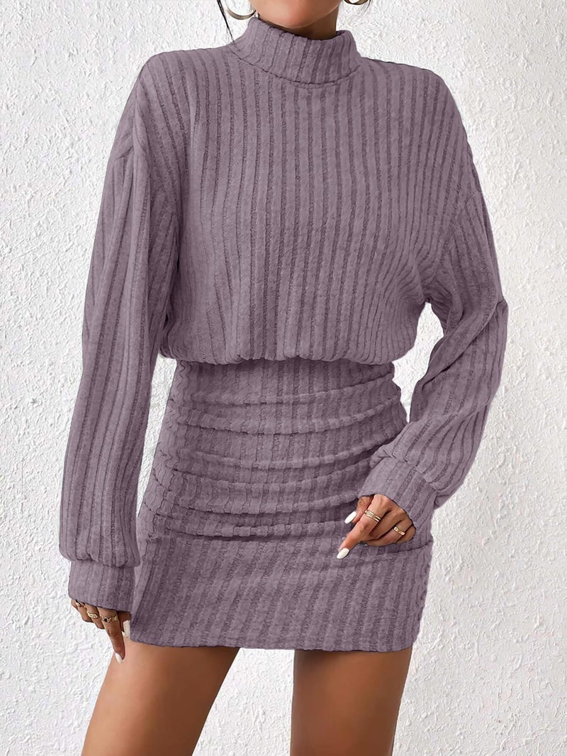 AUXDIO Women's Mock Neck Sweater Dress Fall Long Lantern Sleeve Bodycon 2026 Pullover Mini Short Dresses Purple M - Image 2