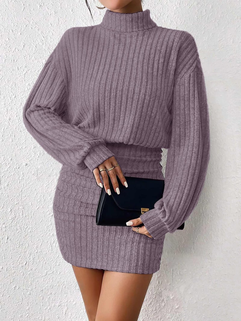 AUXDIO Women's Mock Neck Sweater Dress Fall Long Lantern Sleeve Bodycon 2026 Pullover Mini Short Dresses Purple M - Image 4