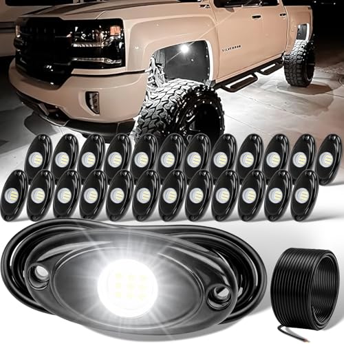 YONEDA 24 Pods White Rock Lights 6000K 9LED Ultra Bright LED Underglow Lights IP68 Waterproof for Trucks SUV UTV ATV RZR Car Boats Pickup Motorcycle with 39.37ft Extension Wire - Image 1