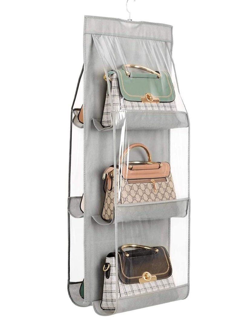 Hanging Storage Bag - Detachable Hanging Handbag Wallet Storage Rack,6 Grids Non-woven Space Saving Wallet Organizer Bag--Grey  - Image 1