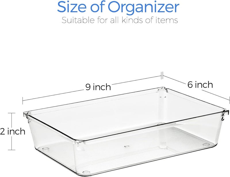 Golden bird 6 Pcs Desk Drawer Outside, Transparent Organizer Trays Bathroom Drawer Tray Dividers Plastic Vanity Organizers Storage Bins For Makeup Dresser Kitchen Office (Clear, 6" X 9") - Image 2