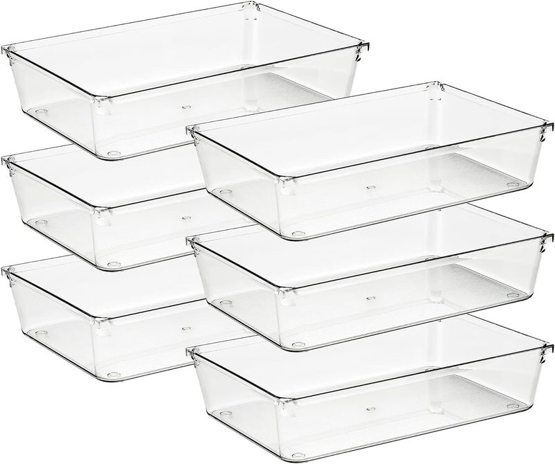 Golden bird 6 Pcs Desk Drawer Outside, Transparent Organizer Trays Bathroom Drawer Tray Dividers Plastic Vanity Organizers Storage Bins For Makeup Dresser Kitchen Office (Clear, 6" X 9") - Image 1