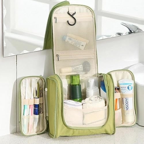 TS WITH TECHSUN Polyester Toiletry Cosmetic Makeup Bag For Women, Travel Organizer Waterproof Shower Wash Bag, Travel Kit Pack With Hanging Hook, Travel Essentials Pouch (Green), 5.7 Cm - Image 4