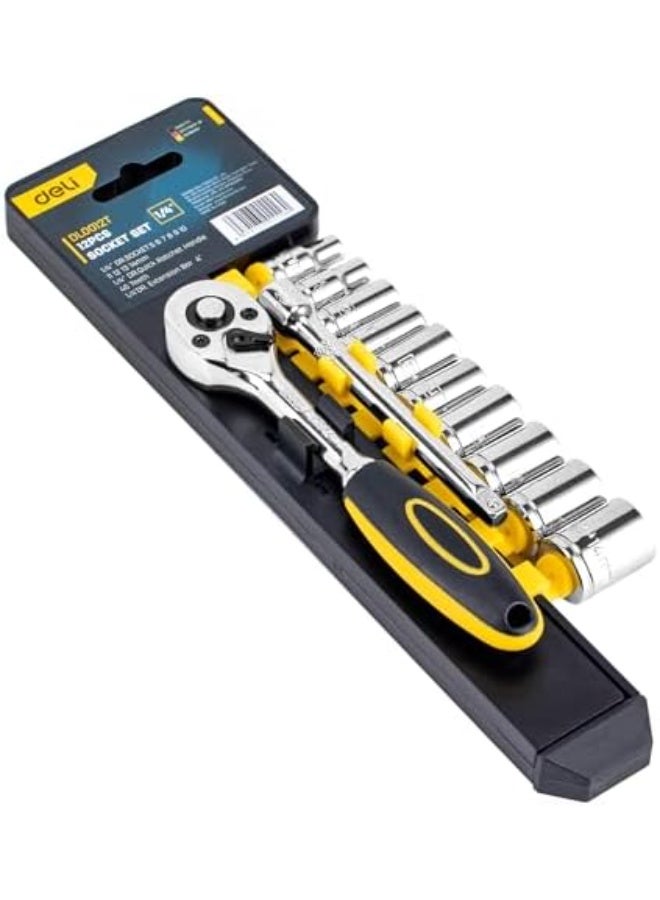 Deli 12-Piece 1/4-Inch Socket Wrench Set – Chrome Vanadium, Durable Case - Image 1