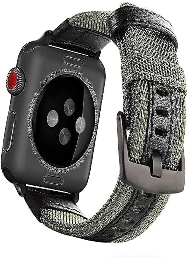Generic - Generic Apple Watch Series 7 Band 45mm Nylon And Natural Leather Strap With Metal Buckle -Green Black - Image 1