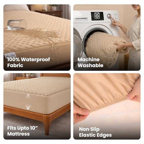 MY ARMOR Mattress Protector | 72x36 Inch Waterproof Single Bed Cotton Quilted Fitted – Breathable, Noiseless, Ultra Soft Mattress Cover with Elastic Skirting (Beige, 6x3 ft) - Image 5