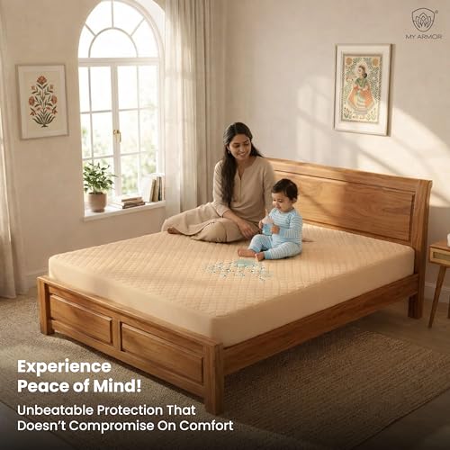 MY ARMOR Mattress Protector | 72x36 Inch Waterproof Single Bed Cotton Quilted Fitted – Breathable, Noiseless, Ultra Soft Mattress Cover with Elastic Skirting (Beige, 6x3 ft) - Image 3