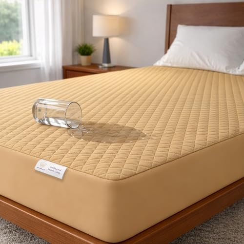 MY ARMOR Mattress Protector | 72x36 Inch Waterproof Single Bed Cotton Quilted Fitted – Breathable, Noiseless, Ultra Soft Mattress Cover with Elastic Skirting (Beige, 6x3 ft) - Image 1