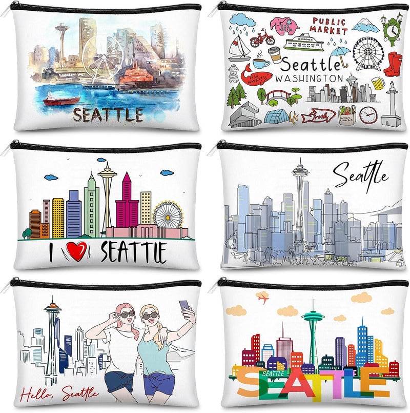 Reginary 6 Pcs City Cosmetic Bag Souvenir Gifts New York Zipper Pouch Chicago Souvenir Seattle Boston Nashville London Paris Italy Gifts Memento for Women Traveler(Seattle)