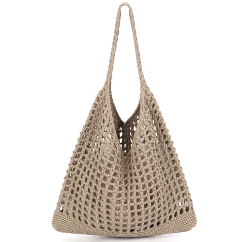 EIMMBD Crochet Bags for Women Beach Totes Bags Aesthetic Summer Tote Shoulder Hippie Bag Knit Bag,13 x 14 inch(Khaki-B) - Image 1