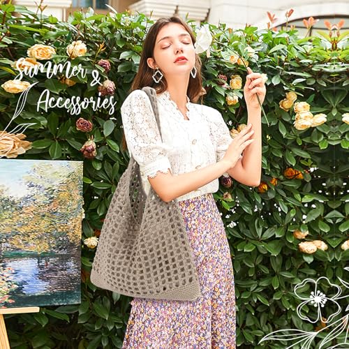 EIMMBD Crochet Bags for Women Beach Totes Bags Aesthetic Summer Tote Shoulder Hippie Bag Knit Bag,13 x 14 inch(Khaki-B) - Image 2