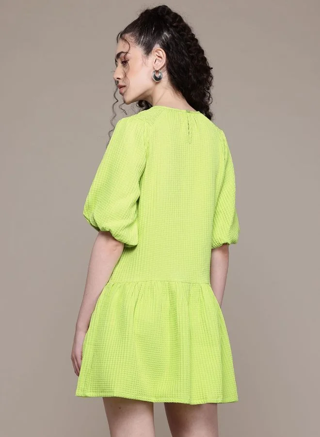 Freehand  Women Relaxed Fit Textured Round Neck Short Sleeve Tiered Dress for Women | Best Price UAE