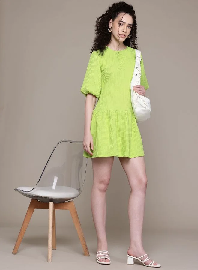 Freehand  Women Relaxed Fit Textured Round Neck Short Sleeve Tiered Dress for Women | Best Price UAE