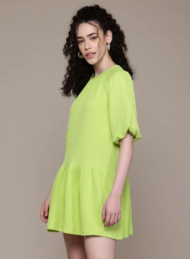Freehand  Women Relaxed Fit Textured Round Neck Short Sleeve Tiered Dress for Women | Best Price UAE